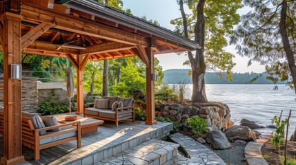 Fototapeta premium lakeside gazebo with cedar wood cladding and open views, perfect for tranquil afternoons near the water