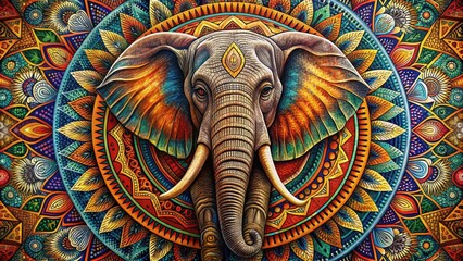 Fototapeta premium Intricate African tribal art featuring an elephant surrounded by vivid mandala designs, African, tribal, art, elephant