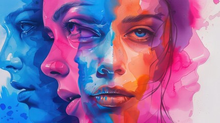 A Close-up Shot of a Diverse faces with watercolor splashes and abstract designs