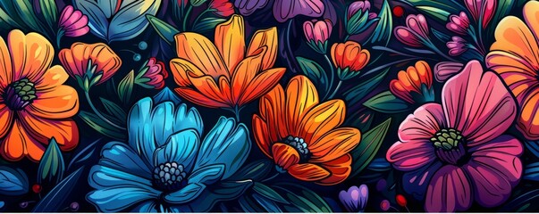 Colorful, stylized floral patterns with thick outlines