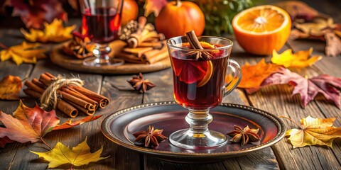 Naklejka premium Elegant autumn table setting with warm spices and a glass of mulled wine, autumn, table setting, elegant, warm spices, mulled wine
