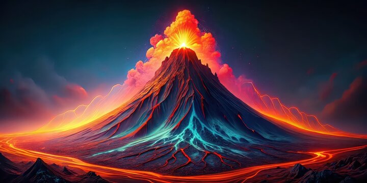 Neon lava flowing from abstract 16k volcano, creating mesmerizing art , volcano, abstract, neon, lava, flow, 16k, mesmerizing
