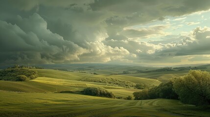 Fototapeta premium A mesmerizing panorama of rolling hills and farmland under a dramatic sky