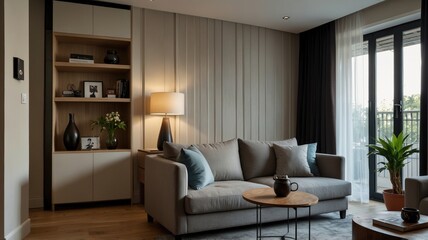 Fototapeta premium Interior of light living room with grey sofas, coffee table and large window