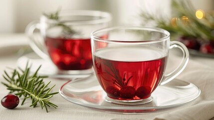 Fototapeta premium Cranberry and Rosemary Vitamin Tea Served in Glass Cups