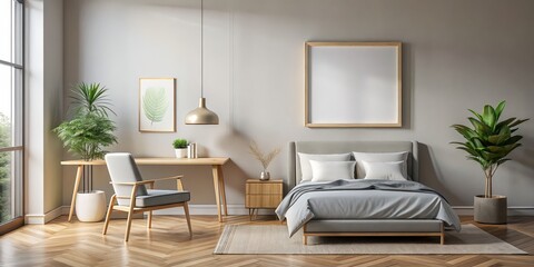 Landscape mock up frame in bedroom with chair and table, render, landscape, mock up, frame, bedroom, chair, table