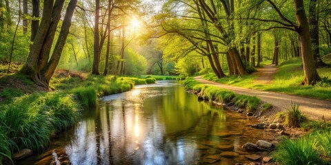 Tranquil trail along a warm spring stream, nature, hiking, spring, relaxation, peaceful, serene, trail, outdoors, sunny