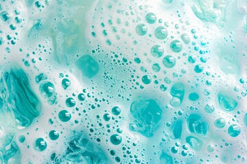 White soap foam with bubbles texture on blue background. Detergent foam bubble on water, soap sud. Face cleansing mousse smudge, shower gel, hair shampoo foam smear texture. Beauty, clean and laundry 