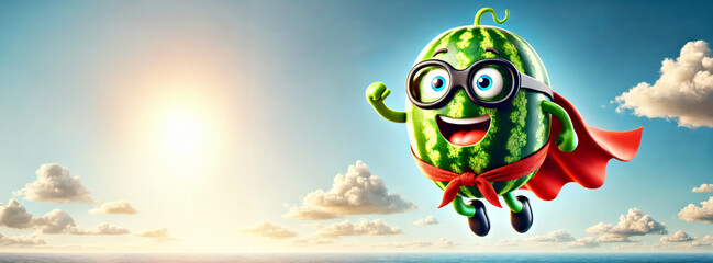 Superhero Watermelon Mascot with Glasses and Cape Flying in Bright Sunny Sky. banner. National Watermelon Day
