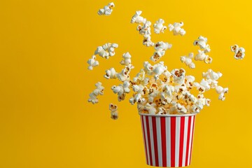 Delicious popcorn flying out of a red-white striped paper cup against yellow background,
