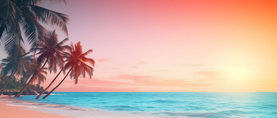 Obraz premium Sunset on a Tropical Beach with Palm Trees