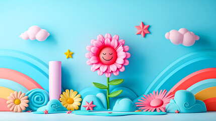 Colorful, cartoonish scene with a smiling flower, colorful, playful shapes and elements and stars