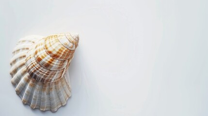 Obraz premium Minimalist beach holiday banner with single seashell on white background, clean and serene design. 