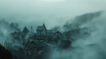 Fototapeta premium An abandoned village engulfed in dense fog as seen from above Depict the haunting emptiness and silence with a monochromatic