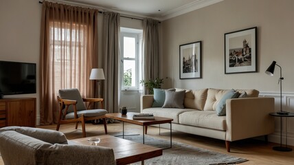 Interior of light living room with grey sofas, coffee table and large window