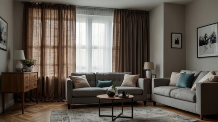 Fototapeta premium Interior of light living room with grey sofas, coffee table and large window