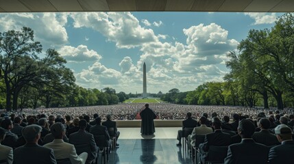 A peaceful commemoration ceremony at a national memorial, honoring both the sacrifices for independence and the fight for civil rights