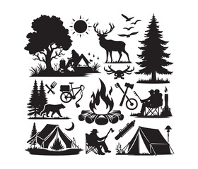 Fototapeta premium camping and campfire svg vector art graphic resources silhouette vector style, white background