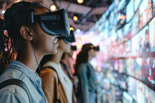 Diverse group of young people immersed in VR activities, large screen mockup highlighting virtual reality features