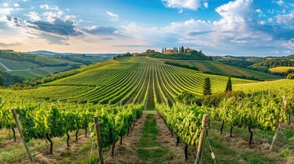 Fototapeta premium A panoramic view of a vineyard with rows of grapevines stretching to the horizon