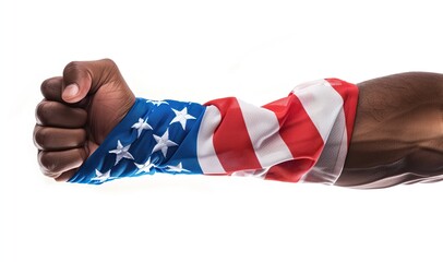 Fototapeta premium A close-up of a fist holding an American flag, symbolizing strength and patriotism. Ideal for themes of freedom, national pride, and American values. Copy space.