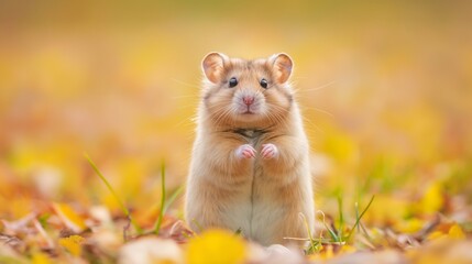 A small brown hamster is standing in a field of yellow leaves. The hamster is looking at the camera with its paws raised