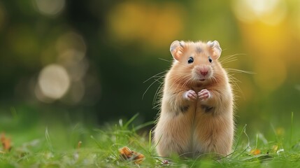 A small brown hamster is standing on a green grassy field. The hamster is looking at the camera with a curious expression
