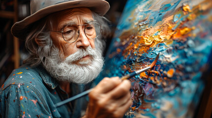 Elder Artist Holding Paintbrush with Abstract Painting