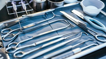 A sterile medical tray with scalpels, forceps, and other surgical instruments