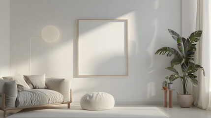 Scandinavian simple interior design living room, dining room with empty poster mockup on the wall