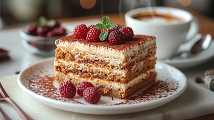 photo of Matcha Tiramisu cake with glaze, there are slices of berries neatly arranged on the cake and small young leaves on top of the cake, displayed on a white plate on a white table