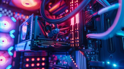 Close-up of high-performance computer hardware with RGB lighting. Technology and gaming concept.
