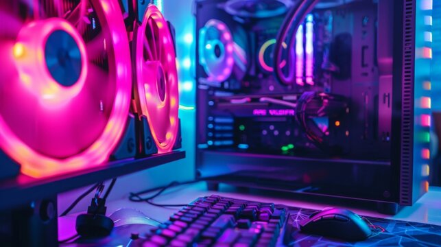 Close-up of high-performance computer hardware with RGB lighting. Technology and gaming concept.