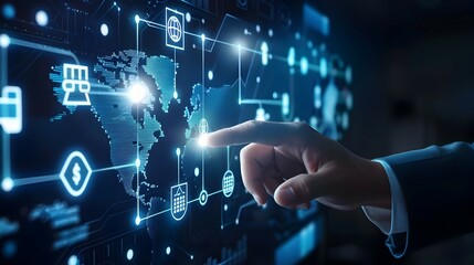 Man touching the digital payments icon and global technological networking