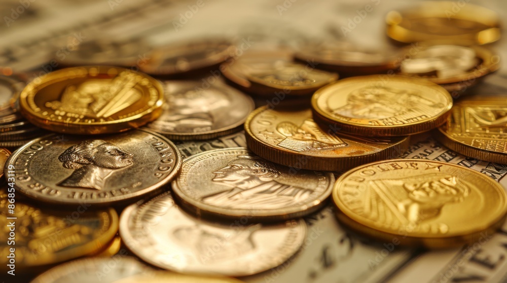 Poster A close-up of a gold coin collection with a chart in the background showing historical gold price performance.