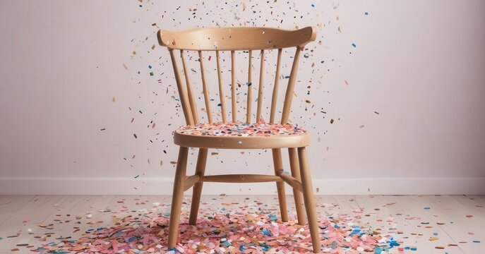 a chair with confetti around it celebrating a birt