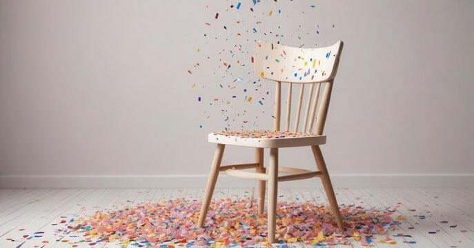 a chair with confetti around it celebrating a birt