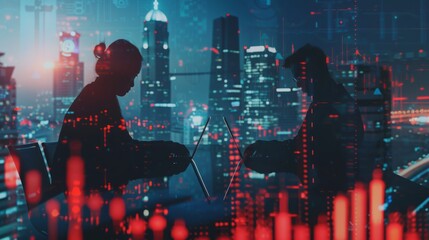 Silhouetted figures working on laptops with cityscape and data overlay. Cybersecurity and technology concept.