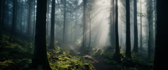 Fototapeta premium Stunning mist covered forest Ethereal mist-shrouded high mountai
