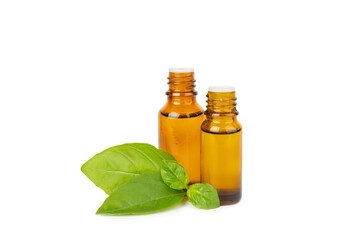 Basil essential oil isolated on white background. Basil essential oil and fresh leaves. Aromatherapy. Aroma oil. Medical herbs. Alternative medicine. Place for text. Copy space.