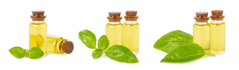 Basil essential oil isolated on white background. Basil essential oil and fresh leaves. Aromatherapy. Aroma oil. Medical herbs. Alternative medicine. Place for text. Copy space.