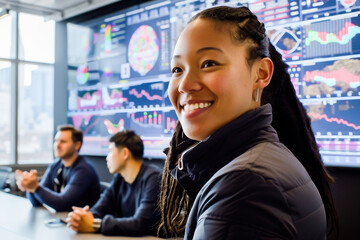 A diverse team in a modern office having a business meeting with large digital displays showing stock market charts in the background.