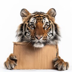 Fototapeta premium A cute tiger and paws holds a cardboard in its paws against a isolated on white background, looking directly at the camera with an attentive expression
