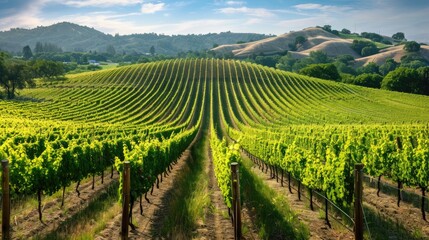 Naklejka premium A picturesque vineyard with rows of grapevines and rolling hills