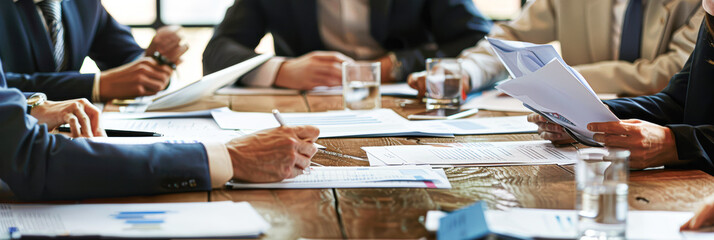 Diverse Team of Professionals in a Dynamic Group Meeting Discussing Documents with Copy Space for Collaborative Strategies