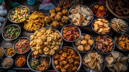 Fototapeta premium Assortment of fried and baked street food in baskets. Traditional Asian cuisine concept. Close-up shot.