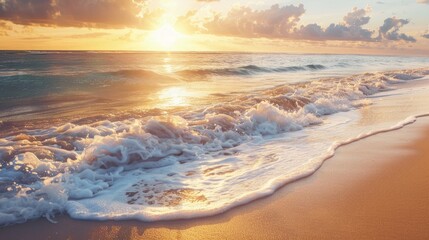 Obraz premium A serene beach at sunrise with gentle waves and golden light