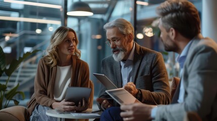 Financial planner presenting retirement options to a middle-aged couple in a well-lit office, couple taking notes, professional and friendly interaction, advisor using a tablet