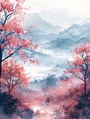 Soft pastel watercolor background of dreamy landscapes with lots of copy space