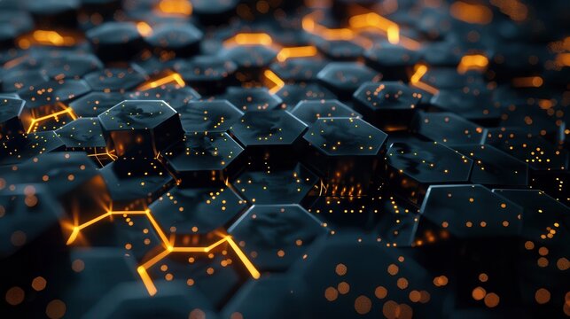 Geometric hi-tech patterns with interconnected hexagons and glowing elements, forming a sophisticated and intricate digital background design
